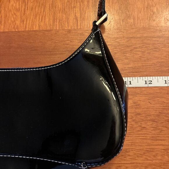 Black Patent Leather Shoulder Bag By Urban Outfitters With White Stitching - Picture 3 of 6